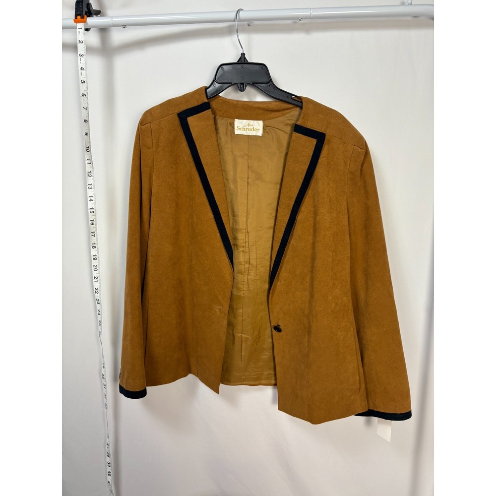 Vintage Abe Schrader Suede Feel Blazer Jacket Women's Size 14 Brown Black Trim